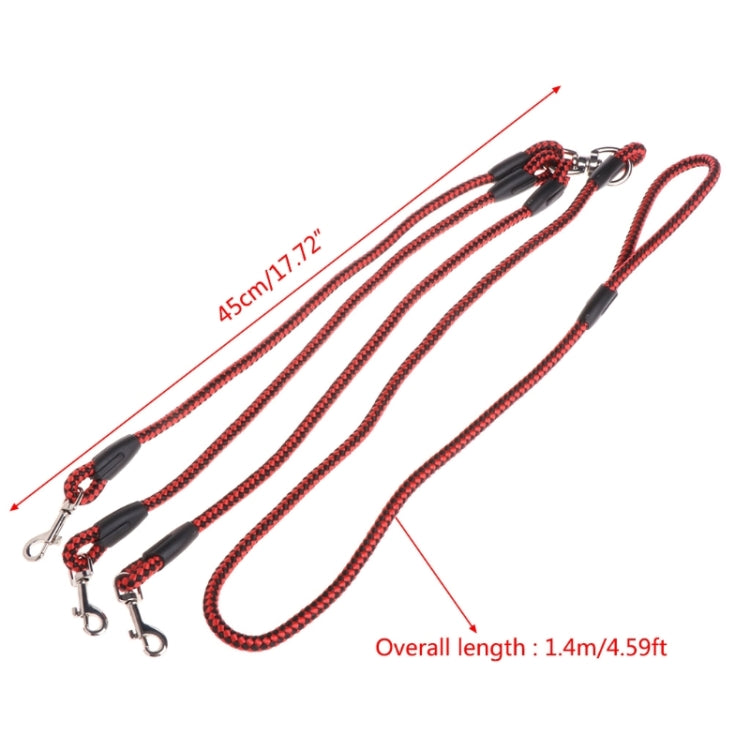 3-head dog walking leash rope set, red braided with three leashes and snap clips