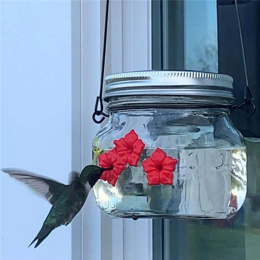 Clear glass hanging bird feeder jar with red flower decorations and hanging loop