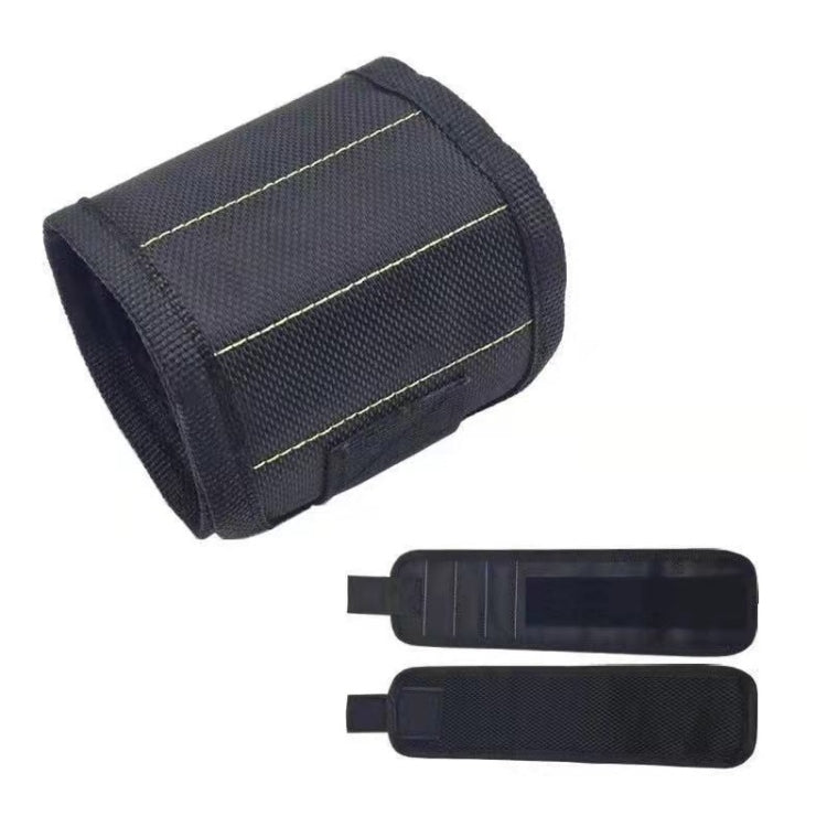 Black fabric magnetic wrist strap roll with three stitched magnetic lines and adjustable loop