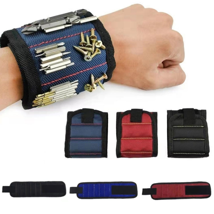 Magnetic wrist strap with adjustable band; shown holding small metal tools