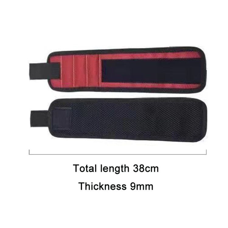 Red and black fabric magnetic wrist straps with five vertical magnetic sections and loop