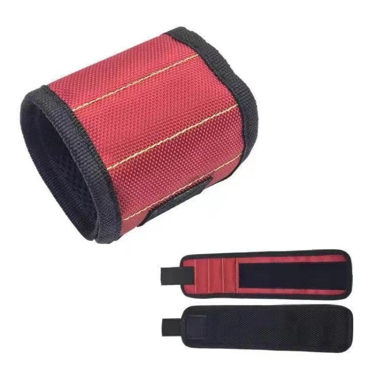 Red fabric magnetic wrist strap roll with three stitched magnetic lines and adjustable loop