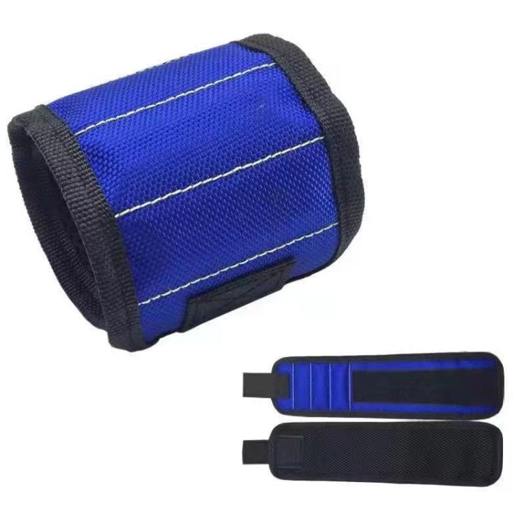 Blue fabric magnetic wrist strap roll with three stitched magnetic lines and adjustable loop
