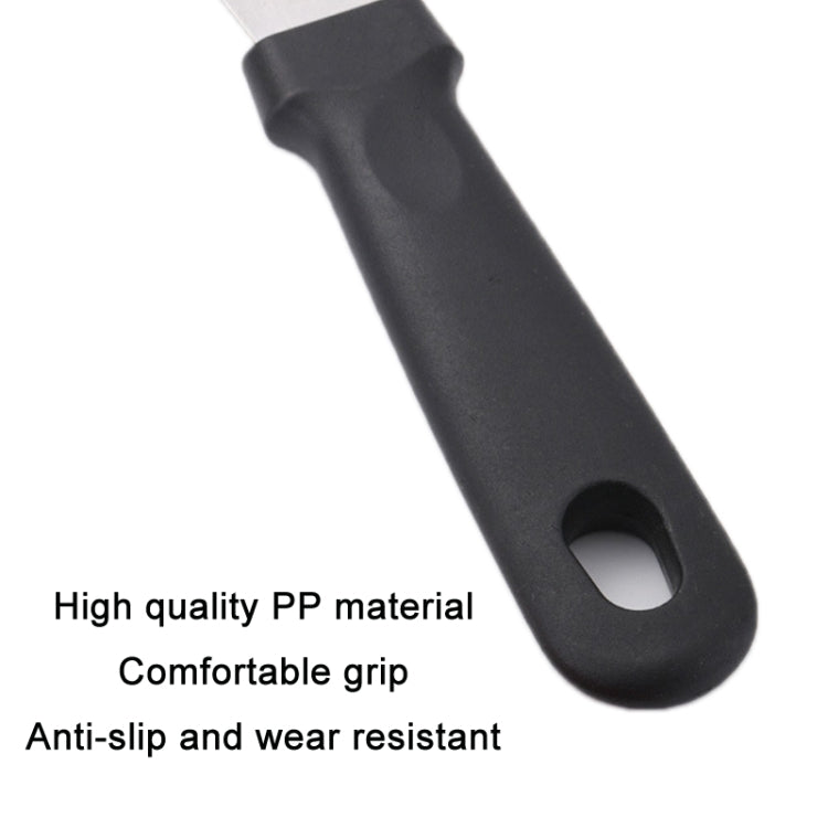 Black plastic handle of a straight-blade defrosting scraper with hanging hole