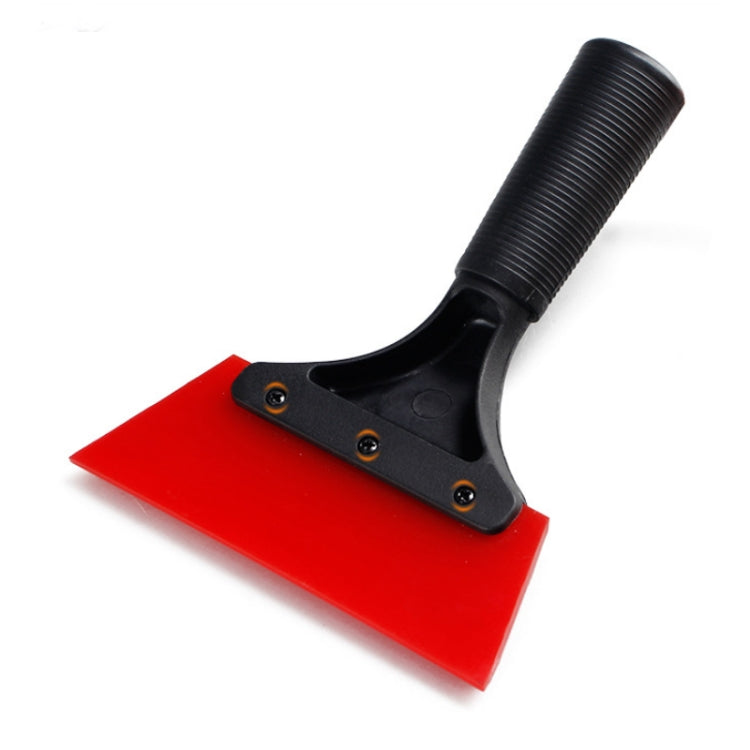 Red plastic squeegee with black ribbed handle and curved rubber blade for car film