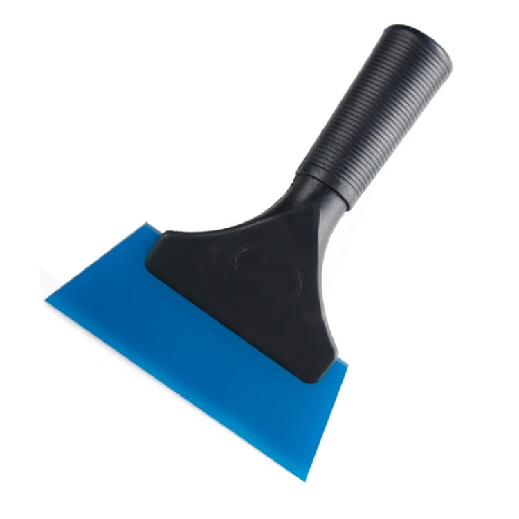 Blue plastic squeegee with black ribbed handle and curved rubber blade for car film