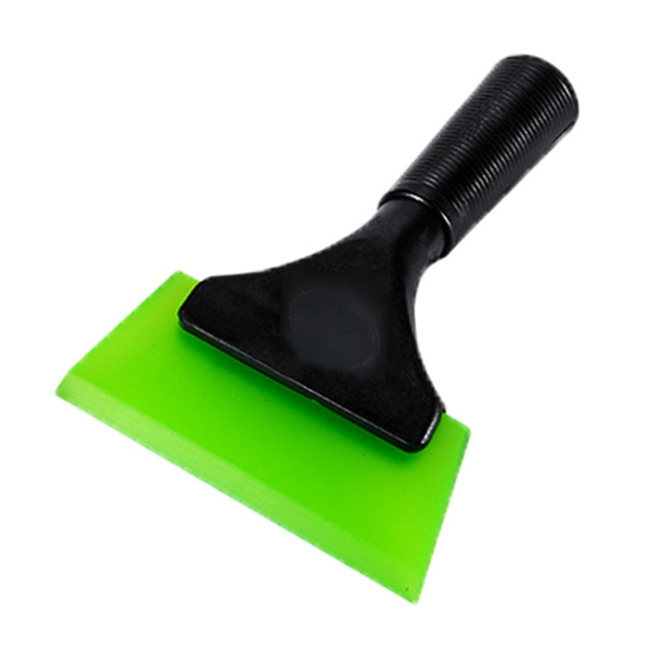 Green plastic squeegee with black ribbed handle and curved rubber blade for car film