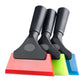 Set of multi-color plastic window squeegees with black ribbed handles and blades