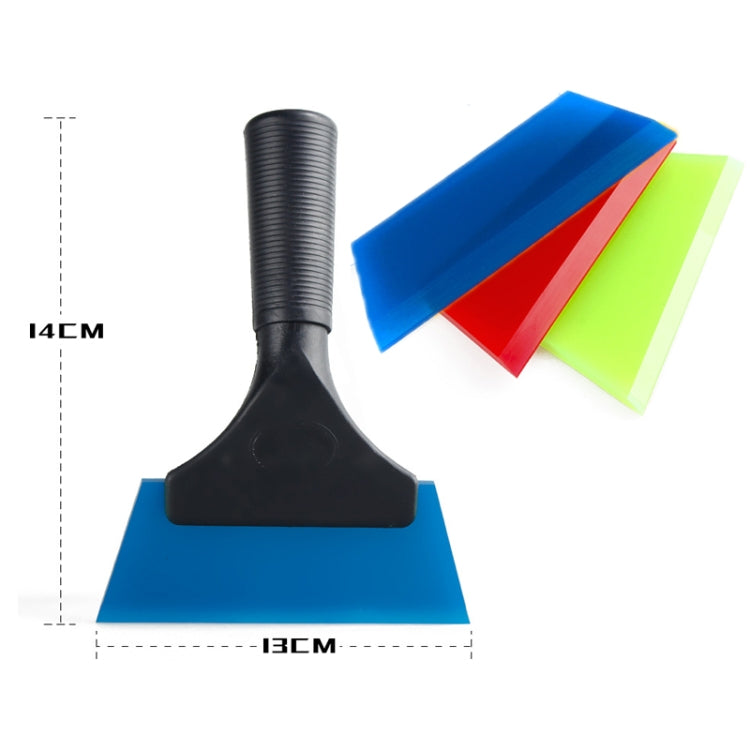 Plastic squeegee tool with black ribbed handle and wide blue blade