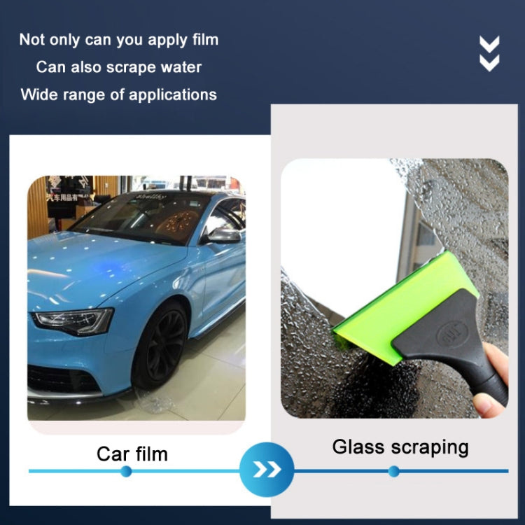 Green plastic squeegee with black rubber blade head for scraping window film