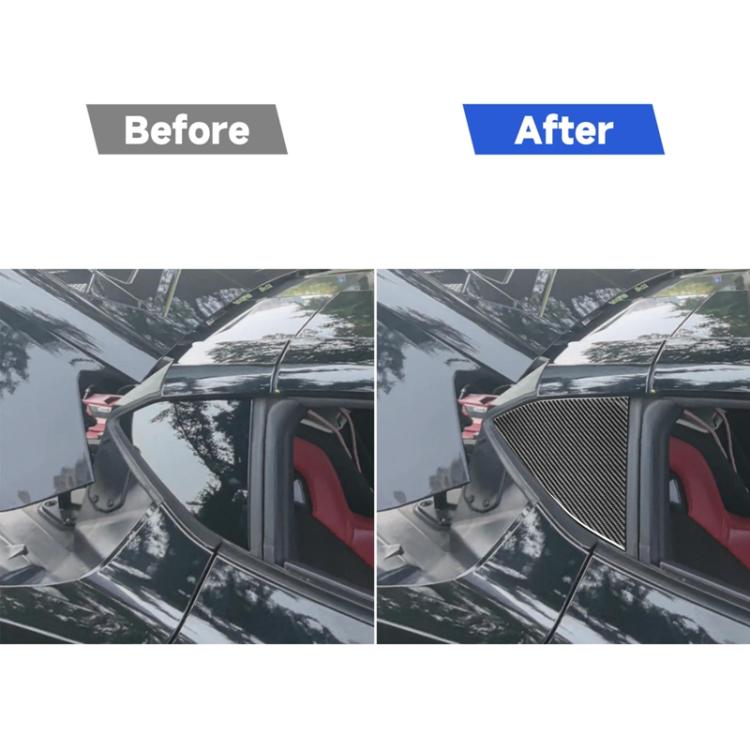 Installed pair of carbon-fiber-look triangle window stickers, dark gray