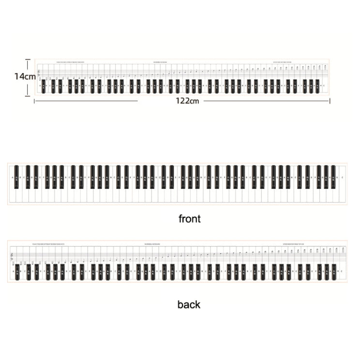 Reversible keyboard practice chart with front and back views and size markings