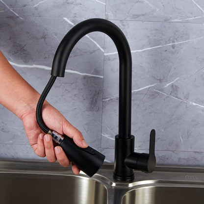 Black pull-out kitchen faucet with handheld sprayer, flexible hose and curved spout