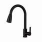 Black pull-out kitchen faucet with curved gooseneck spout and handheld sprayer