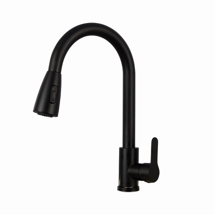 Black pull-out kitchen faucet with curved gooseneck spout and handheld sprayer