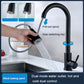 Black pull-out kitchen faucet with handheld sprayer spraying water from a flexible hose