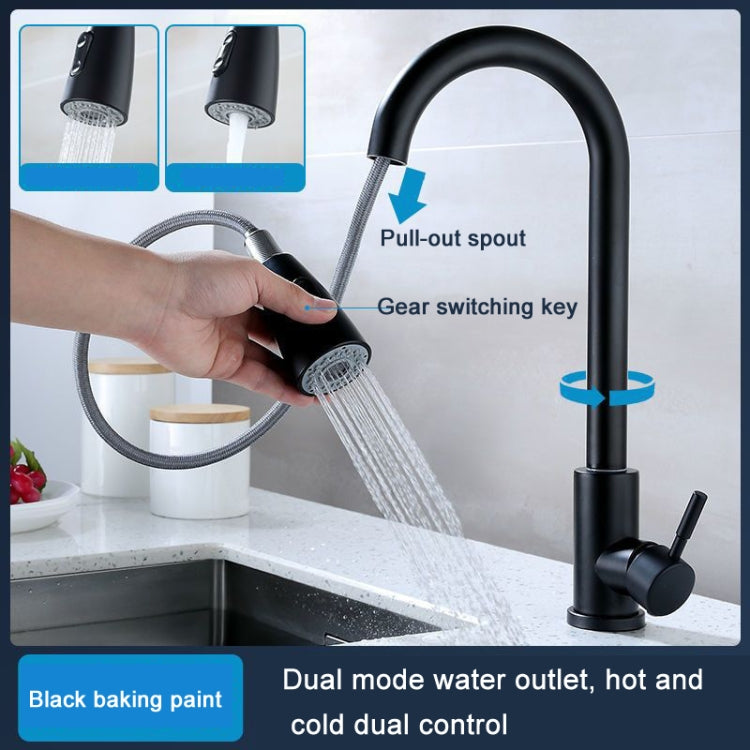 Black pull-out kitchen faucet with handheld sprayer spraying water from a flexible hose
