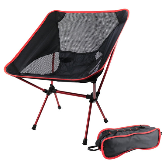 Red folding camping lounge chair with gray mesh seat and black support frame