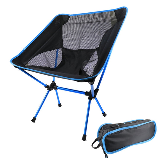 Blue folding camping lounge chair with mesh backrest and black side pockets