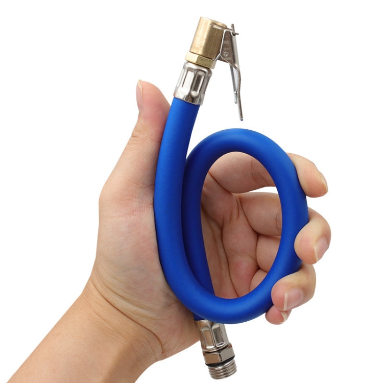 Handheld bicycle tire inflator hose with blue loop and metal nozzle ends