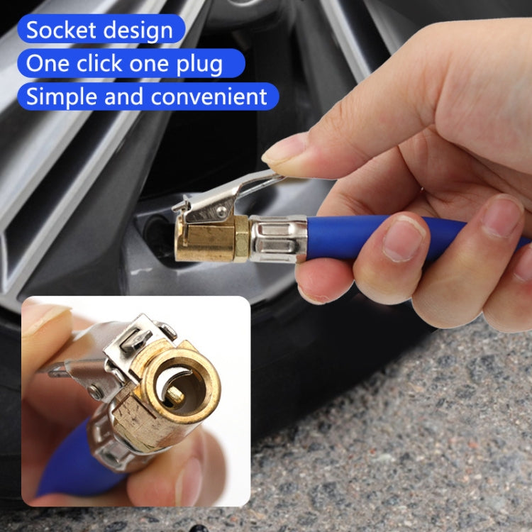 Blue bicycle tire inflator nozzle adapter connected to a valve port