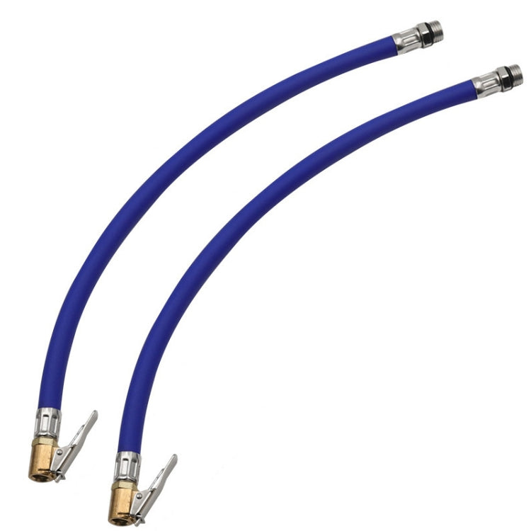 Blue bicycle tire inflator hose set with metal clamp nozzle ends