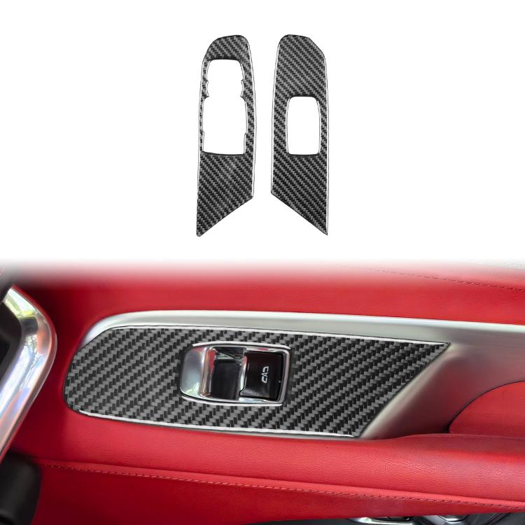 Carbon-fiber trim stickers installed around lift button controls on a red door panel