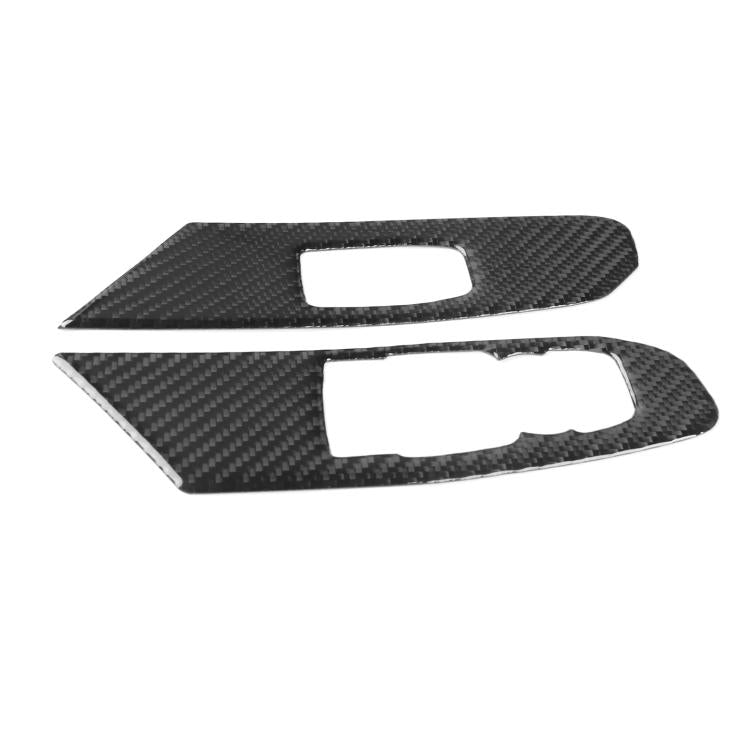 Two carbon-fiber-pattern overlay stickers with rectangular cutouts for lift buttons