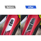 Before-and-after: carbon-fiber lift button trim sticker over controls on red interior