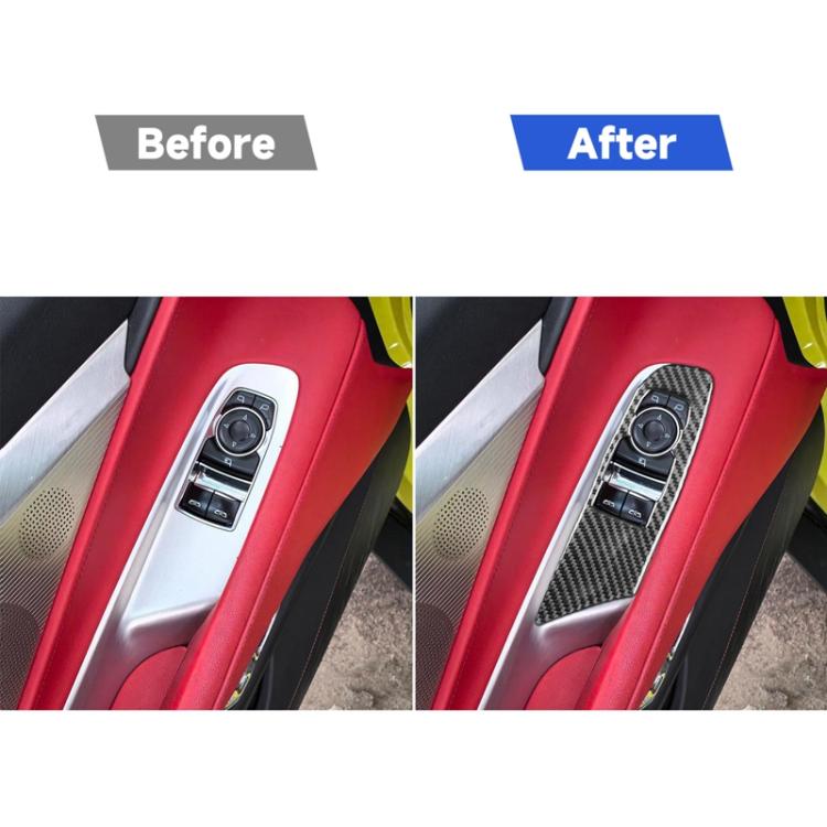 Before-and-after: carbon-fiber lift button trim sticker over controls on red interior
