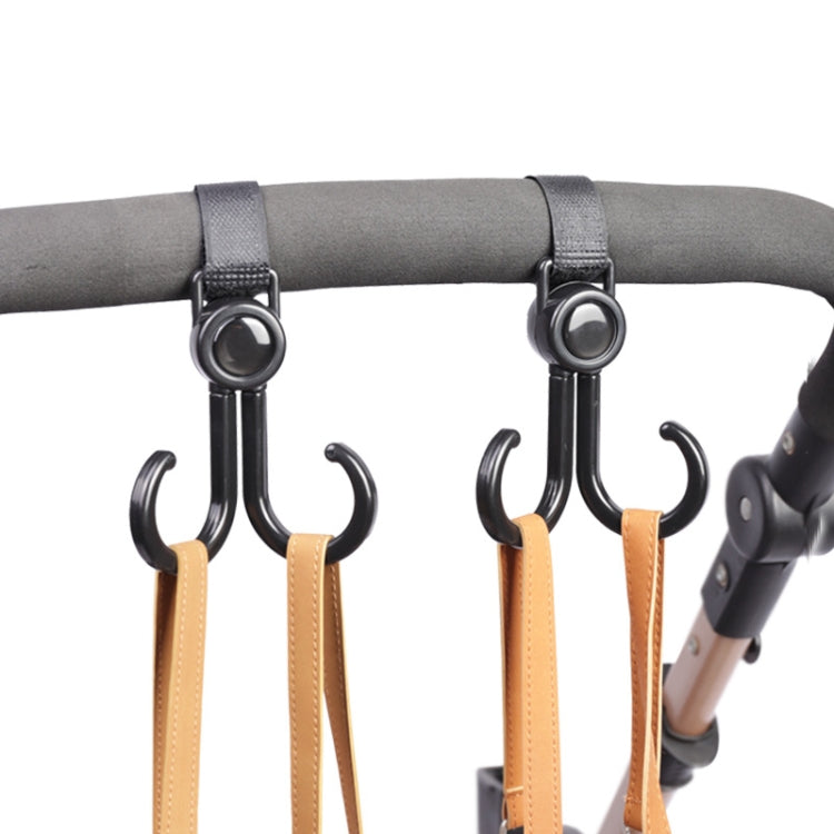 Double stroller/wheelchair hooks with gray strap and beige hanging loops on a handle