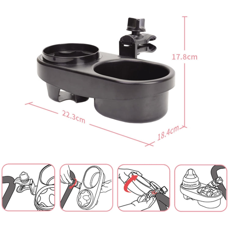 Black stroller double cup holder attachment with two cup slots and central tray
