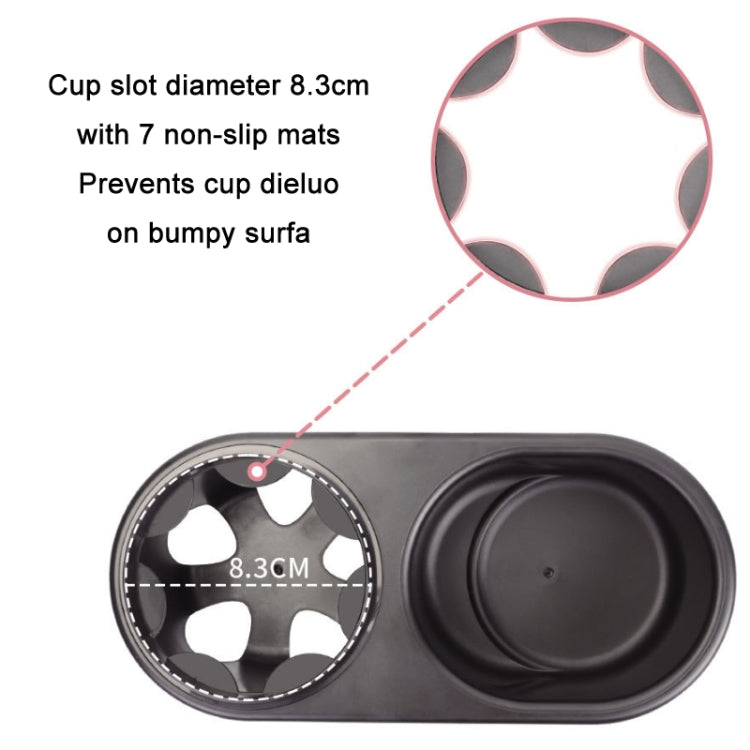 Black cup holders with non-slip mat pattern on stroller double cup tray
