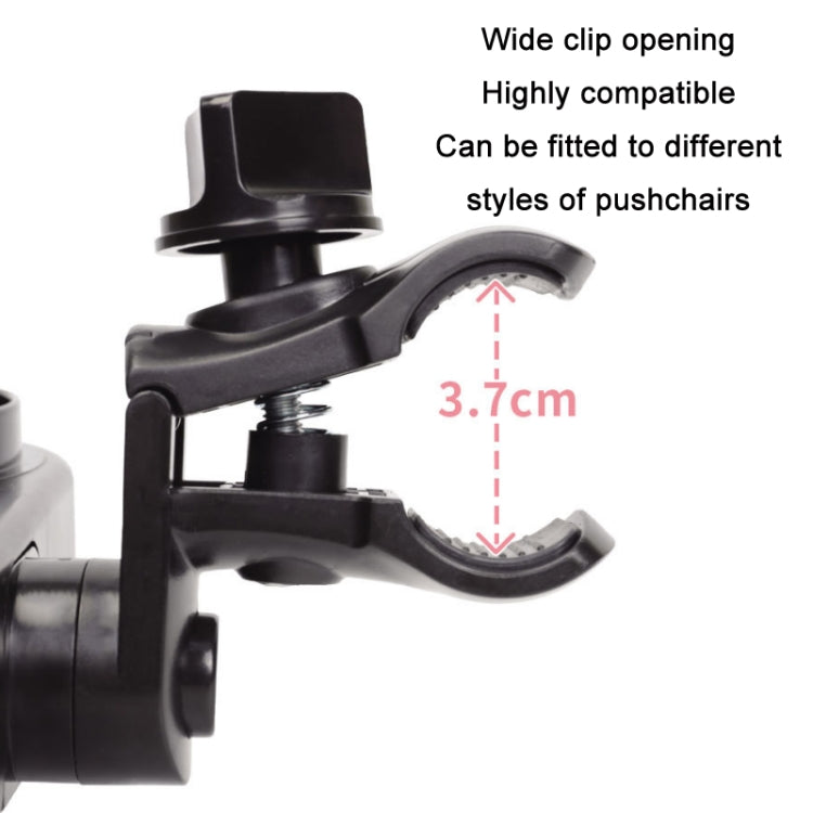 Black stroller holder clip with wide clamp opening and adjustable mounting arm