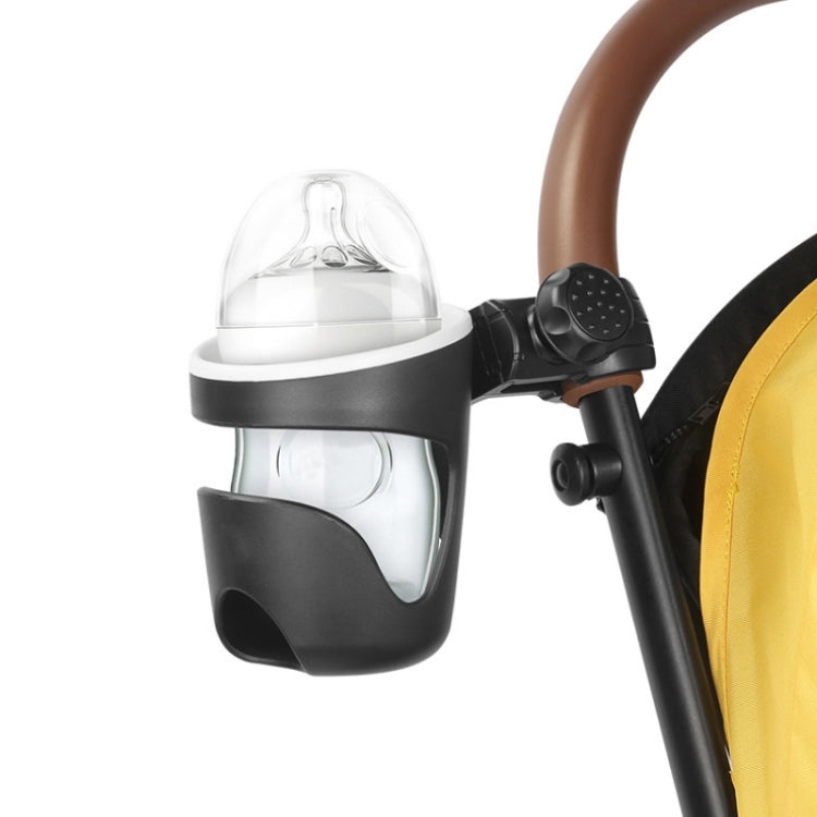 Black universal stroller bottle cup holder with clear bottle support