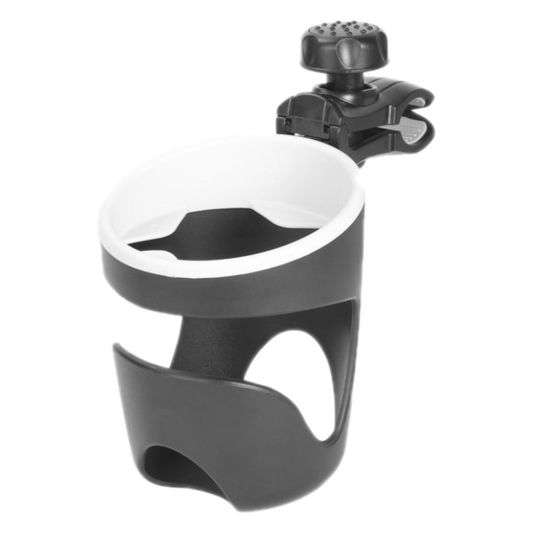 Black universal stroller cup holder with clamp mount and wide top