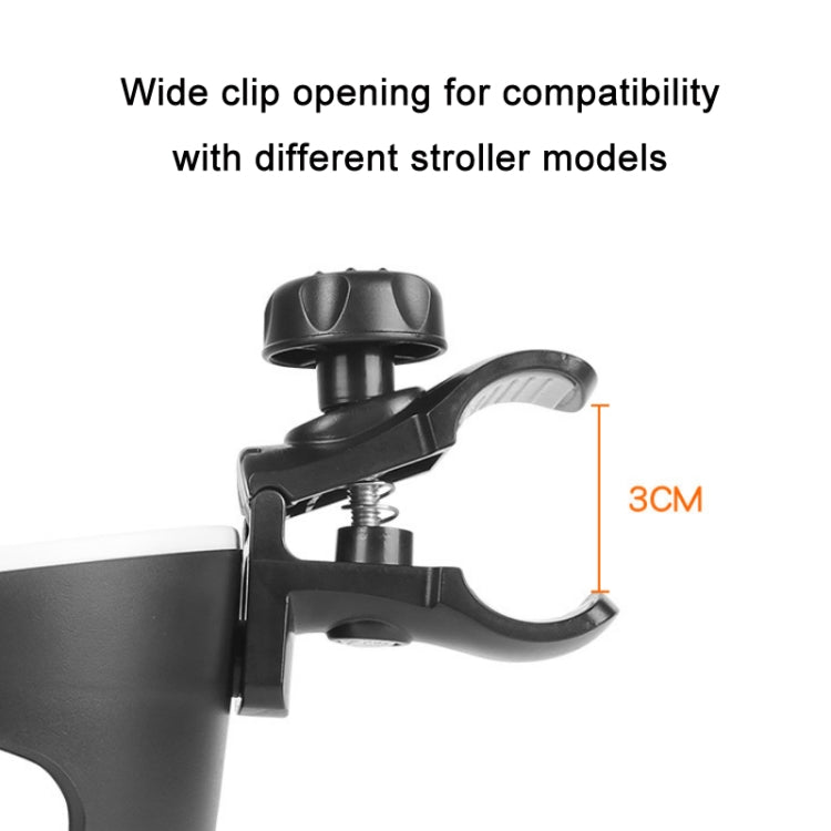 Black stroller cup holder with wide clip opening for stroller compatibility
