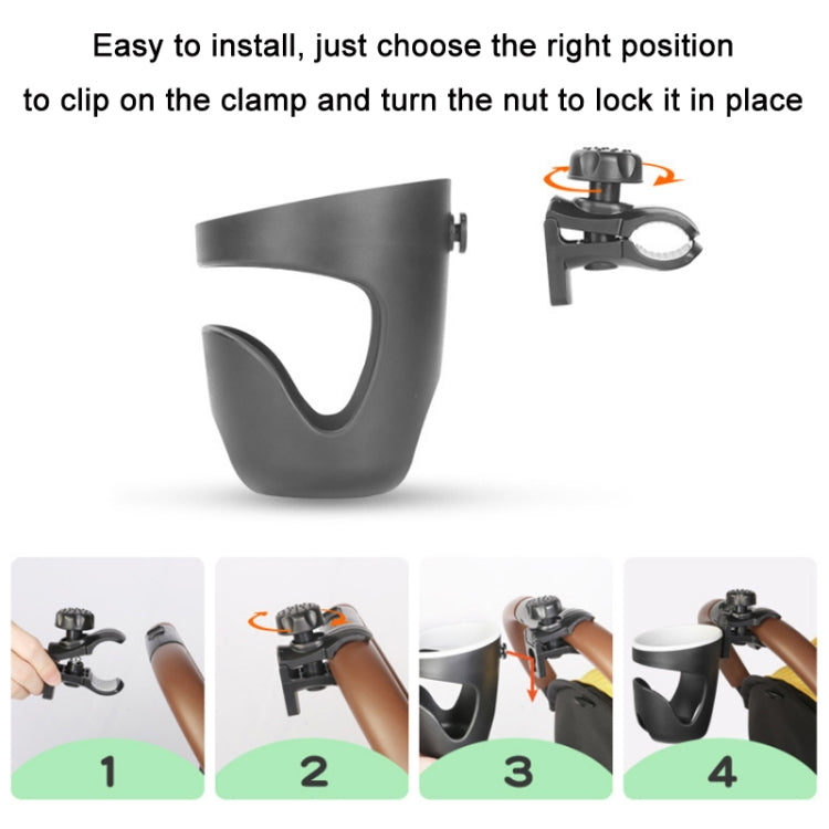 Black stroller cup holder clipped onto stroller handle for easy installation