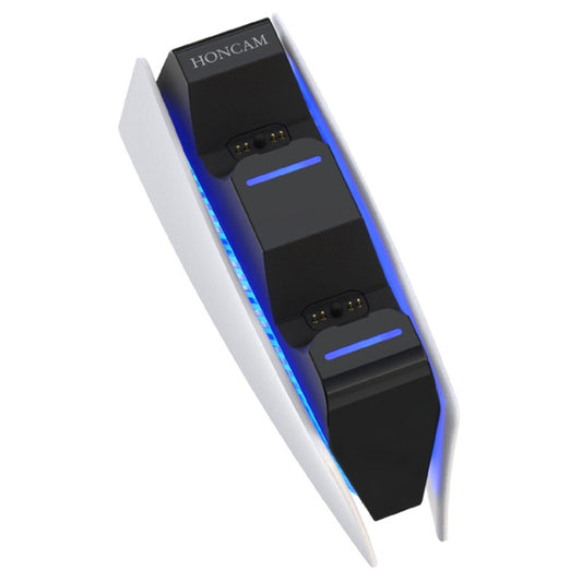 PS5 dual controller charging dock, white outer with blue-lit charging slots