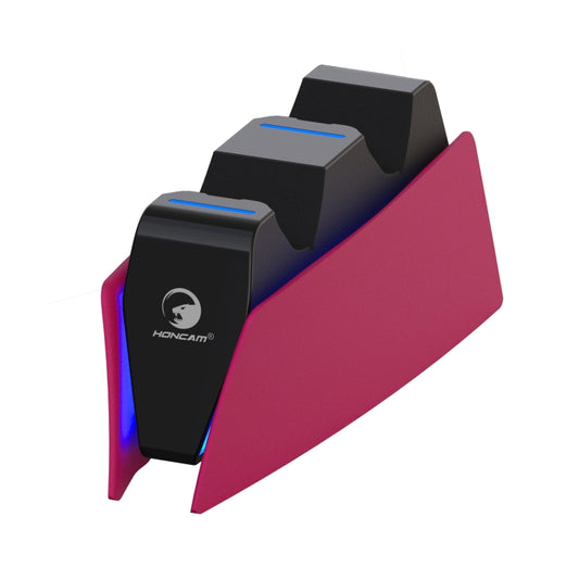 PS5 dual controller charging dock, black base with red side support and blue charging glow
