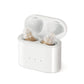 White charging case open with two CIC hearing aids in skin-tone