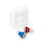 White charging case with two CIC hearing aids, red and blue silicone ear tips