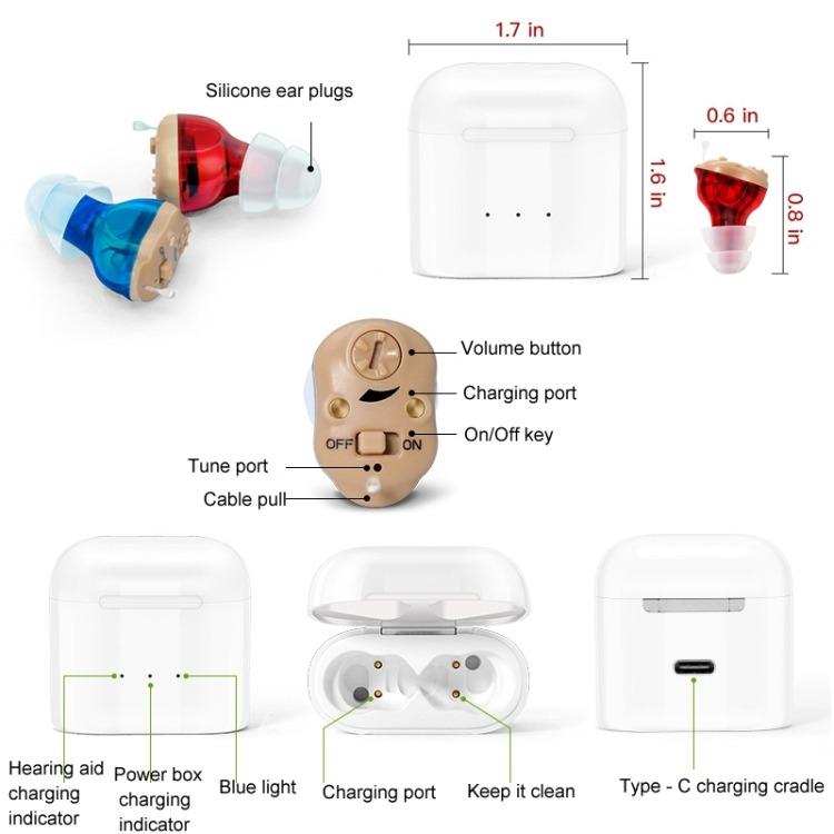 CIC hearing aids and white charging cradle with buttons and Type-C charging port