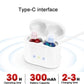 White charging case with two CIC hearing aids, red and blue tips on base