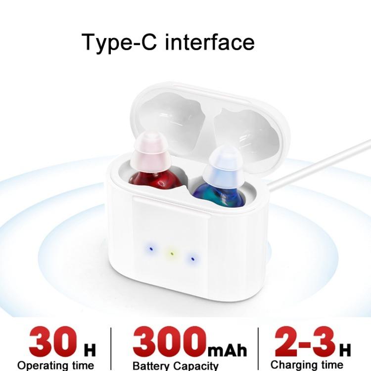 White charging case with two CIC hearing aids, red and blue tips on base
