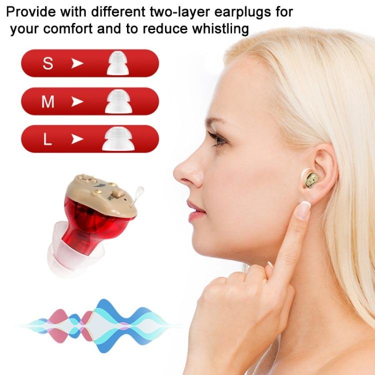 Skin-tone CIC hearing aid in ear with multiple silicone earplug sizes shown