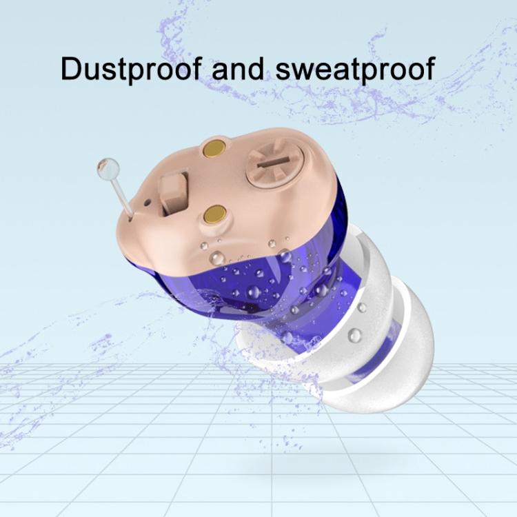 Beige CIC hearing aid with water-splash protection effect and blue earbud seal