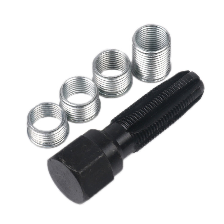 Spark plug thread repair tap with 5 threaded repair sleeves, silver metal