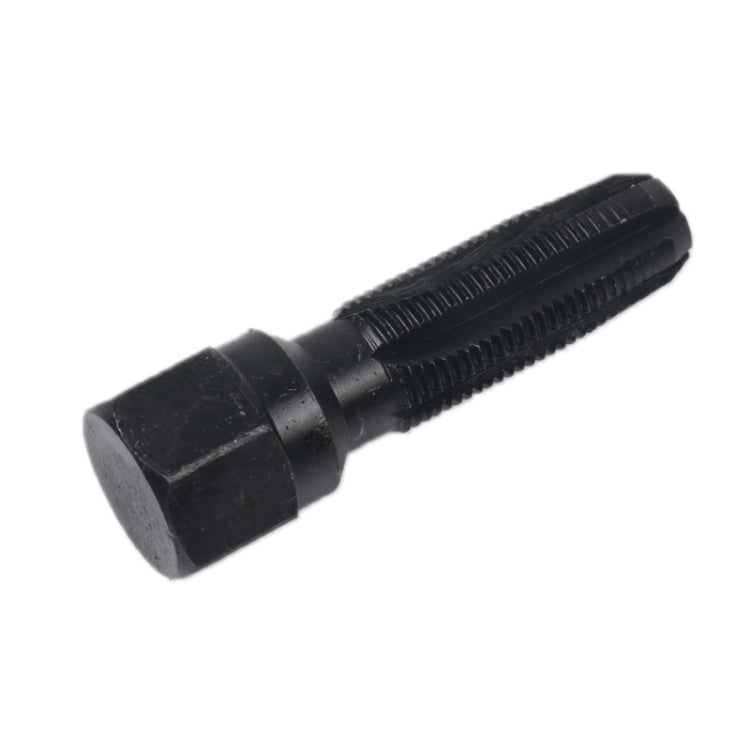 Spark plug thread repair tap tool, close-up of fluted cutting teeth on shaft