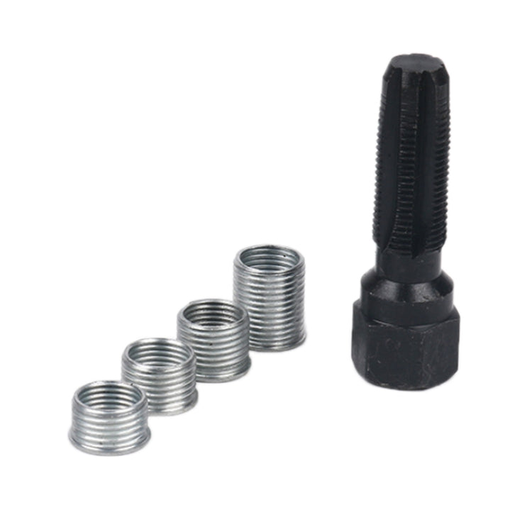 Spark plug thread repair tap tool with several silver threaded repair sleeves
